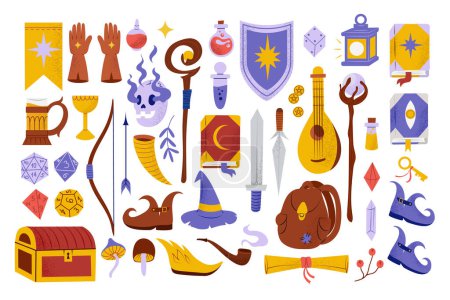 Illustration for Big set with RPG adventure board game, Dungeons and Dragons role playing game with dice illustrations collection. Hand drawn vector, isolated on white - Royalty Free Image