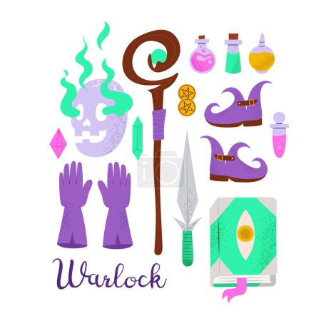 Hand drawn set with Warlock or Necromancer DnD character goods and loot, RPG board game vector illustration, isolated on white