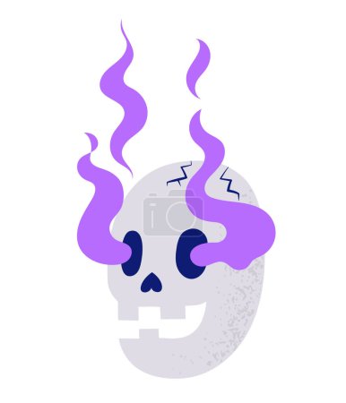 Cute smiling skull with magic flaming eyes, hand drawn in cartoon style, isolated vector illustration