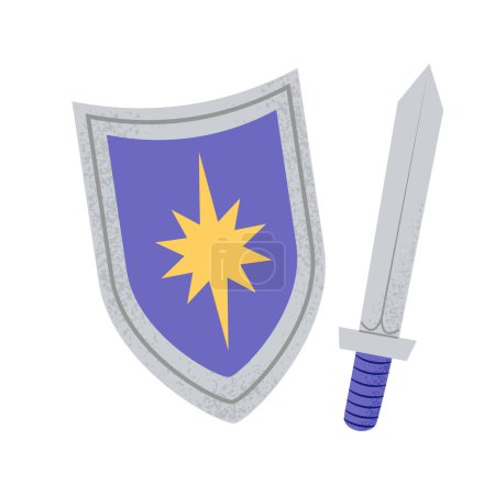 Illustration for Hand drawn medieval sword and shield in flat cartoon style, isolated vector illustration - Royalty Free Image