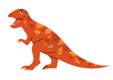 Cute smiling dinosaur with spots, adorable Velociraptor or T-rex. Hand drawn vector illustration in flat design