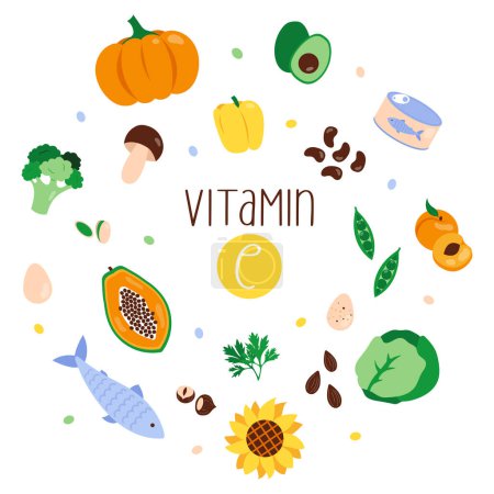 Téléchargez les illustrations : Collecte des sources de vitamine E. Alimentation saine et équilibrée. Illustration vectorielle plate - en licence libre de droit