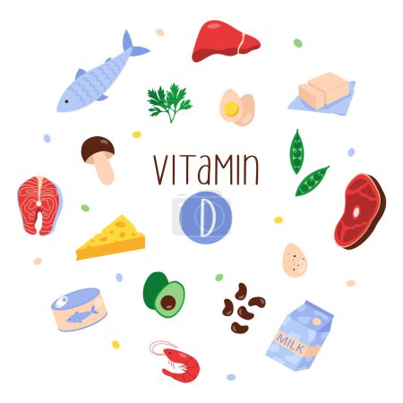 Ilustración de Recogida de fuentes de vitamina D. Alimentos enriquecidos con colecalciferol. Ilustración vectorial plana - Imagen libre de derechos