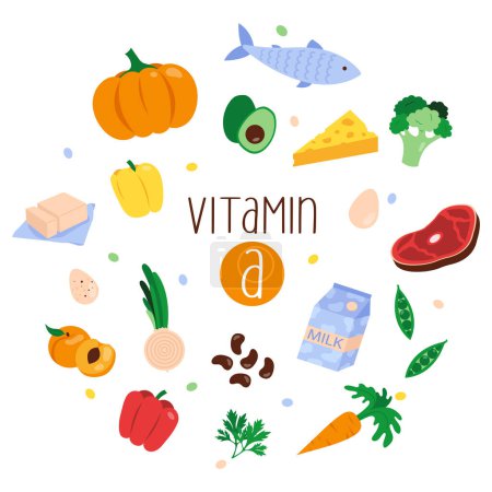 Ilustración de Recogida de fuentes de vitamina A. Alimentos saludables que contienen caroteno. Ilustración vectorial plana - Imagen libre de derechos