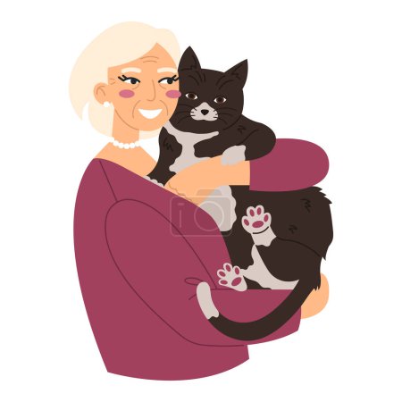 Illustration for Old woman hugs a cat. Smiling senior woman loves her pet. Happy Mew Year for Cats Day - Royalty Free Image