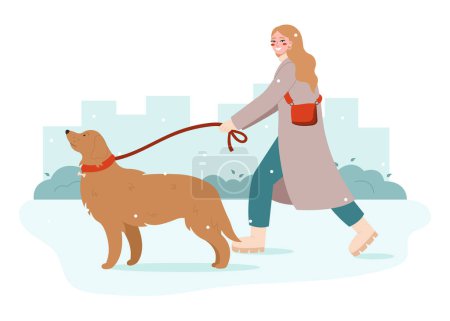 Young woman walking with dog. Pet owner strolling with his dog on leash. Walk Your Dog Month concept