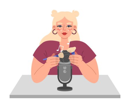 Téléchargez les illustrations : Young woman using brush on microphone to make whisper, rustling, tapping, quiet crunch. ASMR broadcasting concept. Pleasant sounds for goosebumps - en licence libre de droit