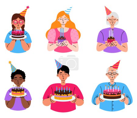Illustration for Set of people blow out candles on the cake or cupcake. Birthday celebration. Surprise, anniversary concept. Flat vector illustration on white background - Royalty Free Image