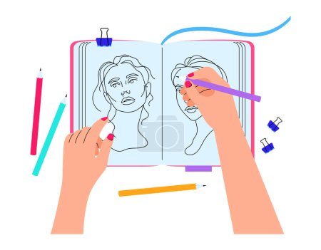 Illustration for Artist holding pencil and eraser, drawing in sketchbook. Open notebook with women sketches - Royalty Free Image