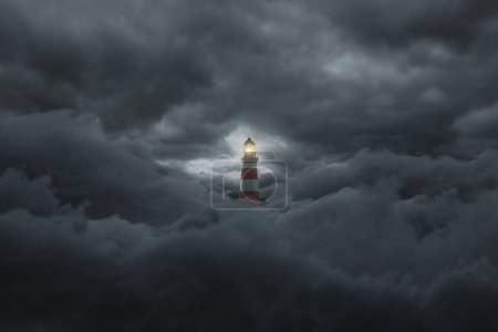 3d rendu d'un phare éclairé au-dessus de nuages sombres et duveteux