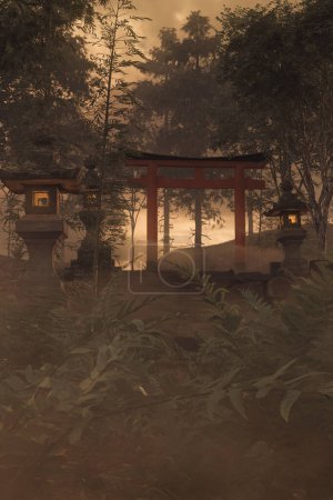 3D-Darstellung eines alten japanischen Schreins mit Torii-Tor und Steinlaterne im Abendlicht