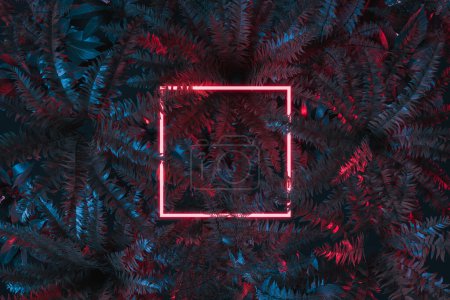 3D-Darstellung von rotem, quadratischem Neonlicht, das von Farnblättern bedeckt ist. Flache Lage im minimalen tropischen Stil