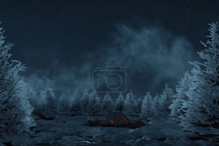 3D-Darstellung von schneebedeckten Kiefern und Schneestaub in der Nacht. Bild, das ohne den Einsatz von KI-Software entsteht