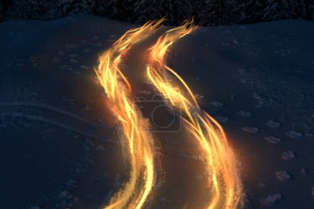 3D-Rendering von Lichtrouten in einer verschneiten Landschaft