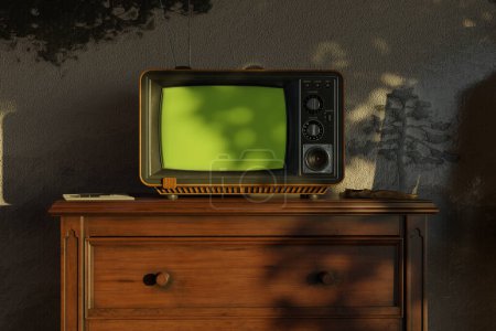 rendu 3d d'un vieux téléviseur avec écran vert devant une murale peinte à l'huile