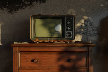 representación 3d de un viejo televisor frente a un mural pintado al óleo.