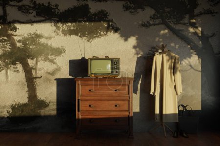 3d rendu d'un salon vintage avec une vieille télévision et paysage de la nature murale
