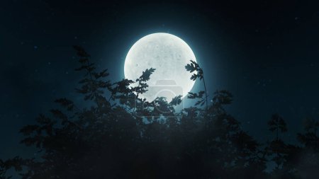 3D rendering of oak tree branches in front of bright shining moon