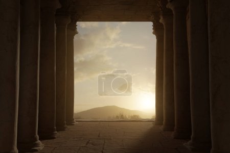 3D-Darstellung einer antiken Halle mit korinthischen Säulen und Blick auf den Berg in der Abendsonne