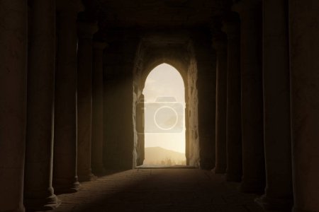 3d representación de una sala oscura con columnas antiguas y vista a la montaña a la luz del sol de la noche