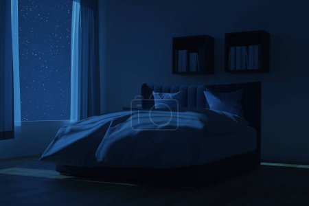 3D-Darstellung des geräumigen Schlafzimmers mit gemütlichem Boxspringbett in der Nacht