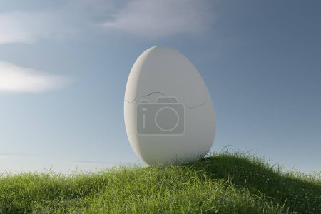 3D rendering of a large cracked egg on flower meadow in front of a blue sky. Happy easter concept
