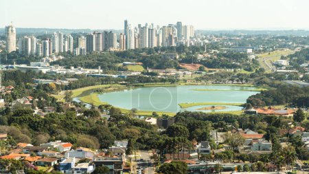 Aerial view of Barigui Park Lake, largest park in the city of Curitiba, capital of the state of Paran, Brazil