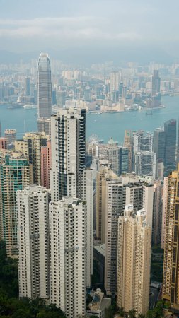 Panoramic view of Victoria Bay in Hong Kong, from "The Peak", highlighting the  Two International Finance Centre