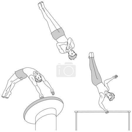 Monochrome line drawing set of male gymnasts