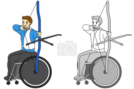 Illustration set of a male athlete playing archery in a wheelchair
