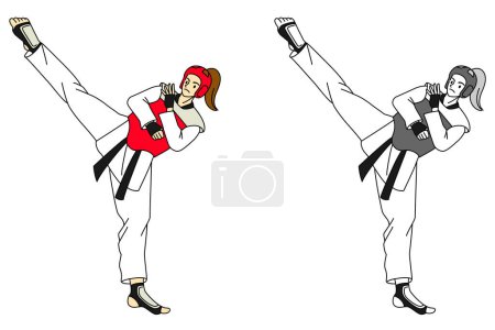 Illustration set of female athletes doing taekwondo