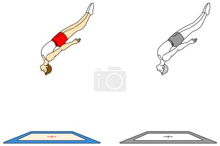 Conjunto de ilustración de atletas masculinos que juegan concursos de trampolín