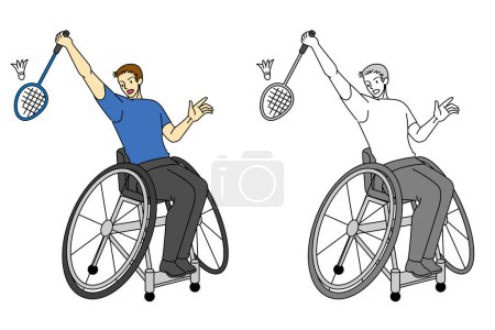 Illustrationsset eines männlichen Spielers, der Badminton im Rollstuhl spielt