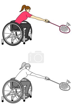 Illustration set of a female player playing badminton in a wheelchair