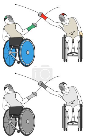 Illustration set of athletes doing wheelchair fencing