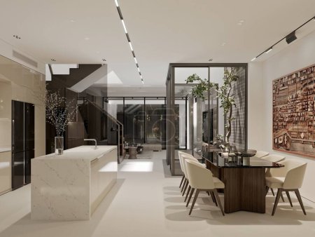 Téléchargez les photos : Maison de luxe salon cuisine 3d rendu - en image libre de droit