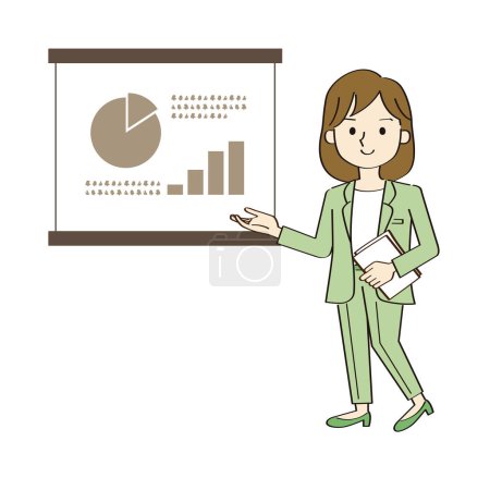 Téléchargez les illustrations : Cette illustration montre une femme d'affaires donnant une présentation ou une formation à l'aide d'un écran. - en licence libre de droit