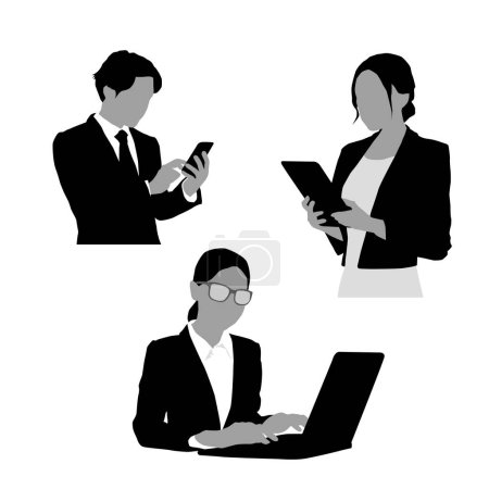 Silhouettes of business people operating various terminals.