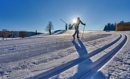 Photo for Woman cross-country skiing  Bregenz Forest Mountains near Sulzberg, Vorarlberg, Austria - Royalty Free Image