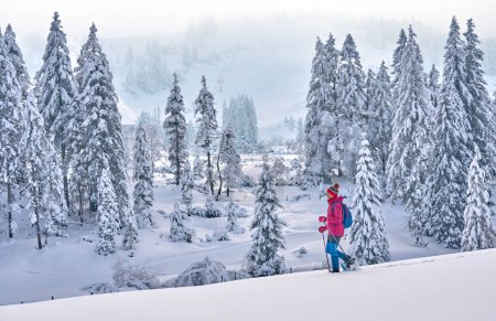 Schöne und aktive Seniorin beim Wandern mit Schneeschuhen im Tiefschnee im Hochhaedrich Bregenzerwald in Vorarlberg, Österreich