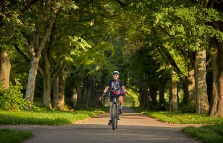 Photo for Attractive senior woman cycling with her electric mountain bike in an old avenue in Ludwigsburg, Baden-Wuerttemberg, Germany - Royalty Free Image
