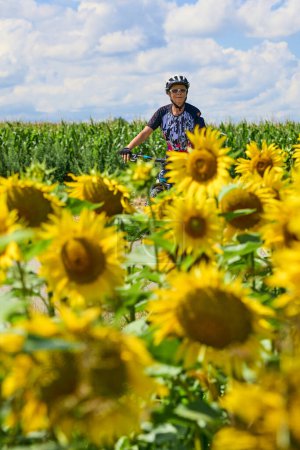 Téléchargez les photos : Belle femme âgée vélo avec son vélo de montagne électrique dans un champ florissant de tournesols - en image libre de droit