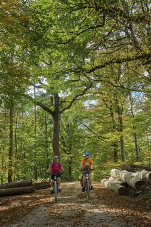 Téléchargez les photos : Belles copines âgées faisant du vélo avec leurs vélos électriques dans la forêt automnale de la Schwaebische Alb à Baden-Wuerttemberg, Allemagne - en image libre de droit