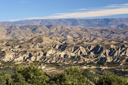 panoramic view over the landscape in the desert of Tabernas near Almeria, Andlusia, Spain, the only real desert in Europe
