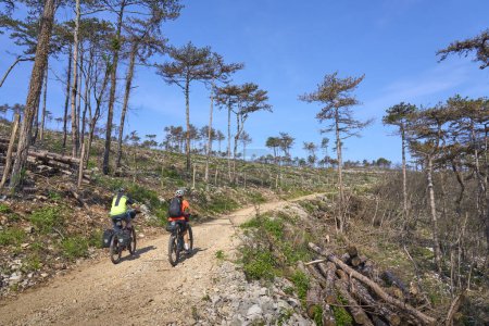 Téléchargez les photos : Couple sénior actif en vélo avec leurs VTT électriques dans les Karst Mountains de Slovénie près de Tolmin - en image libre de droit