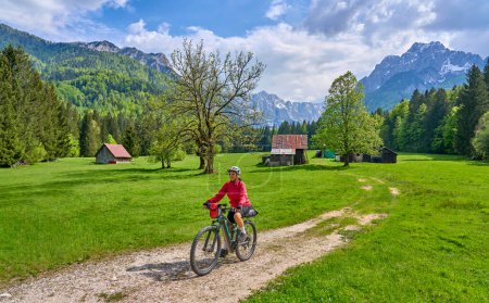 Téléchargez les photos : Femme âgée active et joyeuse lors d'une visite de vélo de montagne E au col Vri dans le parc national du Triglav, Alpes juliennes au-dessus de Kranska Gora en Slovénie - en image libre de droit