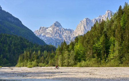 Foto de Alegre mujer mayor activa en un recorrido en bicicleta de montaña E en el paso de Vri en el Parque Nacional de Triglav, Julián Alpes por encima de Kranska Gora en Eslovenia - Imagen libre de derechos