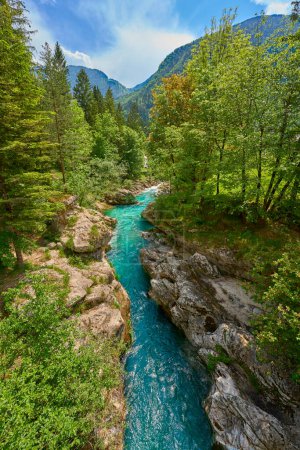 Foto de Cañón salvaje con aguas cristalinas de color turquesa en el valle de Soca, Parque Nacional Trigalv cerca de Bovec, Eslovenia - Imagen libre de derechos