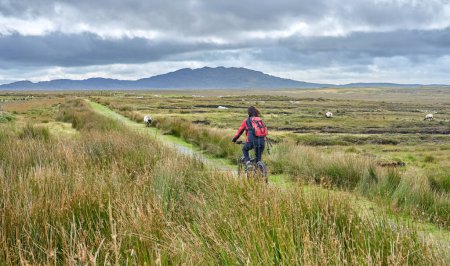 Photo for Nice senior woman on mountain bike, cycling bog Area near Derrycunlagh, County Galway, in  the western part of the Republic of Ireland - Royalty Free Image