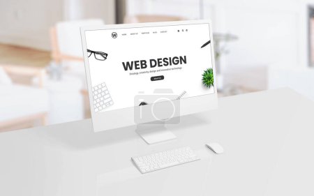 Photo for White computer display on an office or studio desk with a web design concept web page on the screen. Modern technology, creative design, and productivity concept - Royalty Free Image